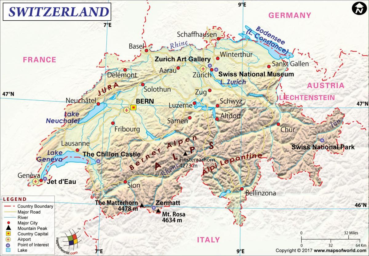 kaart van luchthavens in zwitserland