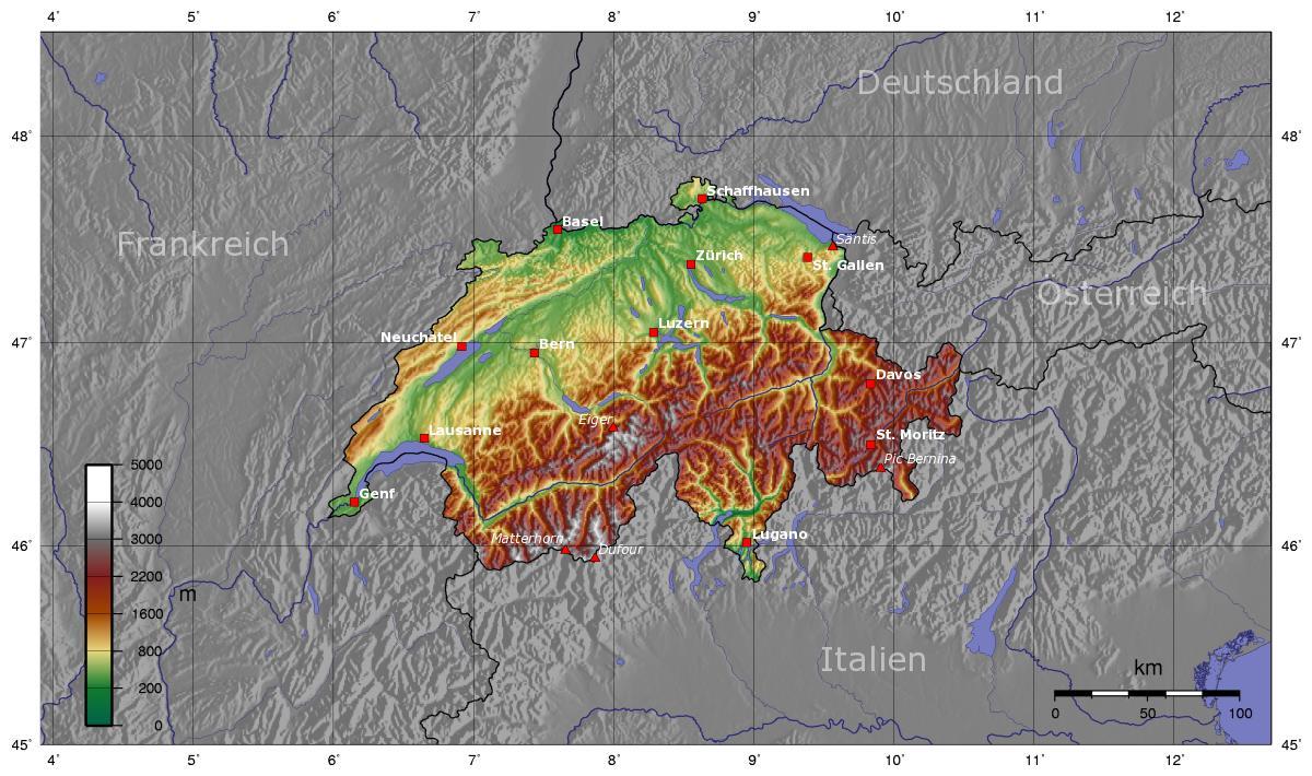 kaart van zwitserland hoogte